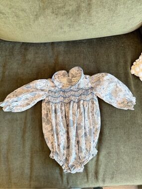 Baybalu Blue Floral Smocked Baby Romper with Peter Pan Collar
